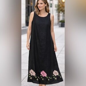 Lino USA 100% Linen Black Floral Embroidered Sleeveless Sheath Midi Dress